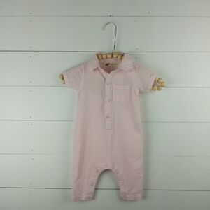 monica + andy boys size 3-6 mos pink and white pinstripe romper collared, button